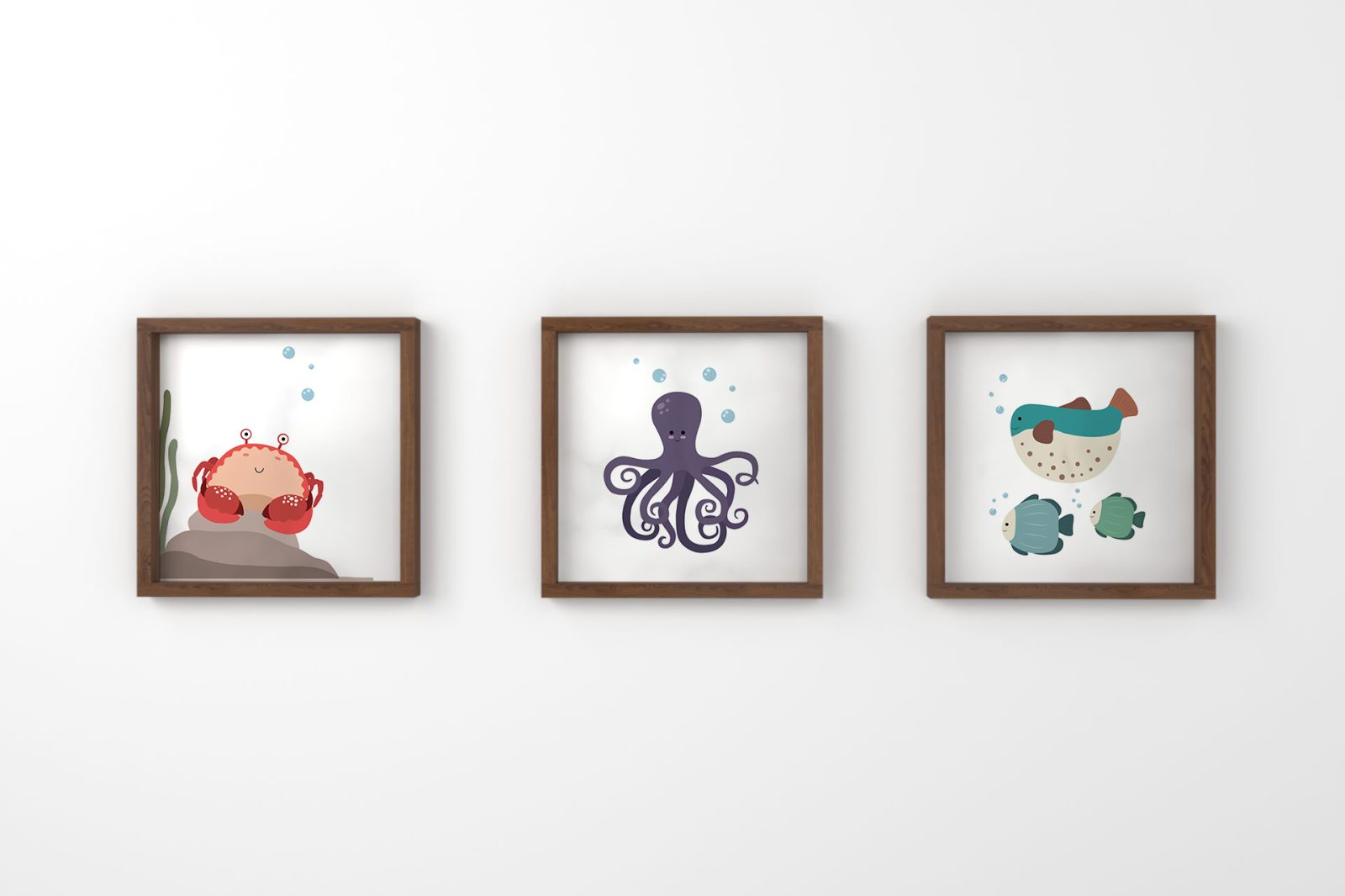 serie cangrejo pulpo peces nogal